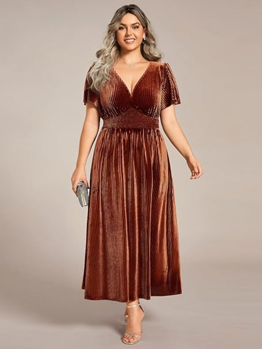 Ever-Pretty Women's Velvet Maxi Dress Camel Orange Color Size 20